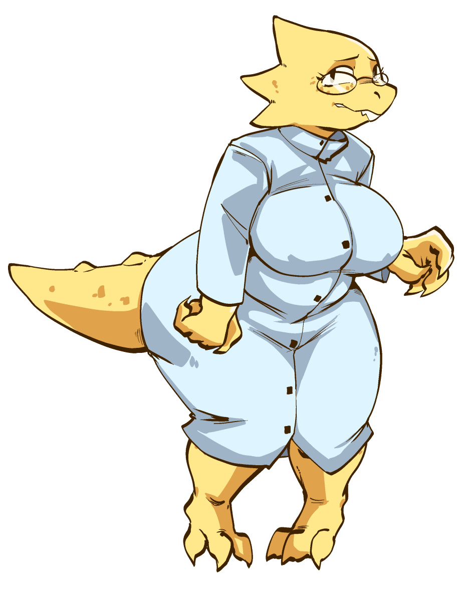 1girl alphys alphys_(undertale) anthro_only big_breasts big_thighs box_chan breasts clothed female female_anthro female_only glasses lab_coat labcoat lizard lizard_girl monster monster_girl reptile reptile_girl scalie solo solo_female tail thick_thighs undertale undertale_(series) white_background wide_hips yellow_body yellow_skin