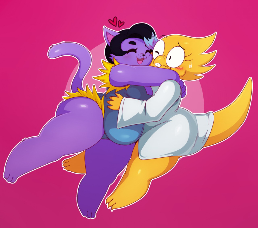2_girls 3_toes 4_fingers alphys alphys_(undertale) anthro anthro_only ass barefoot big_ass big_breasts black_hair blue_hair blush catty_(undertale) closed_eyes clothing coat cute domestic_cat duo embrace eyewear fangs feet felid feline felis female/female female_only females_only fingers fur glasses grin hair heart hugging lab_coat lizard magenta_background mammal multicolored_hair open_mouth pink_background purple_body purple_fur purple_hair reptile scales scalie sfw simple_background slightly_chubby smile solid_color_background sssonic2 sweat sweatdrop tagme teeth toes tongue topwear two_tone_hair undertale undertale_(series) video_games wholesome yellow_body yellow_scales yellow_skin
