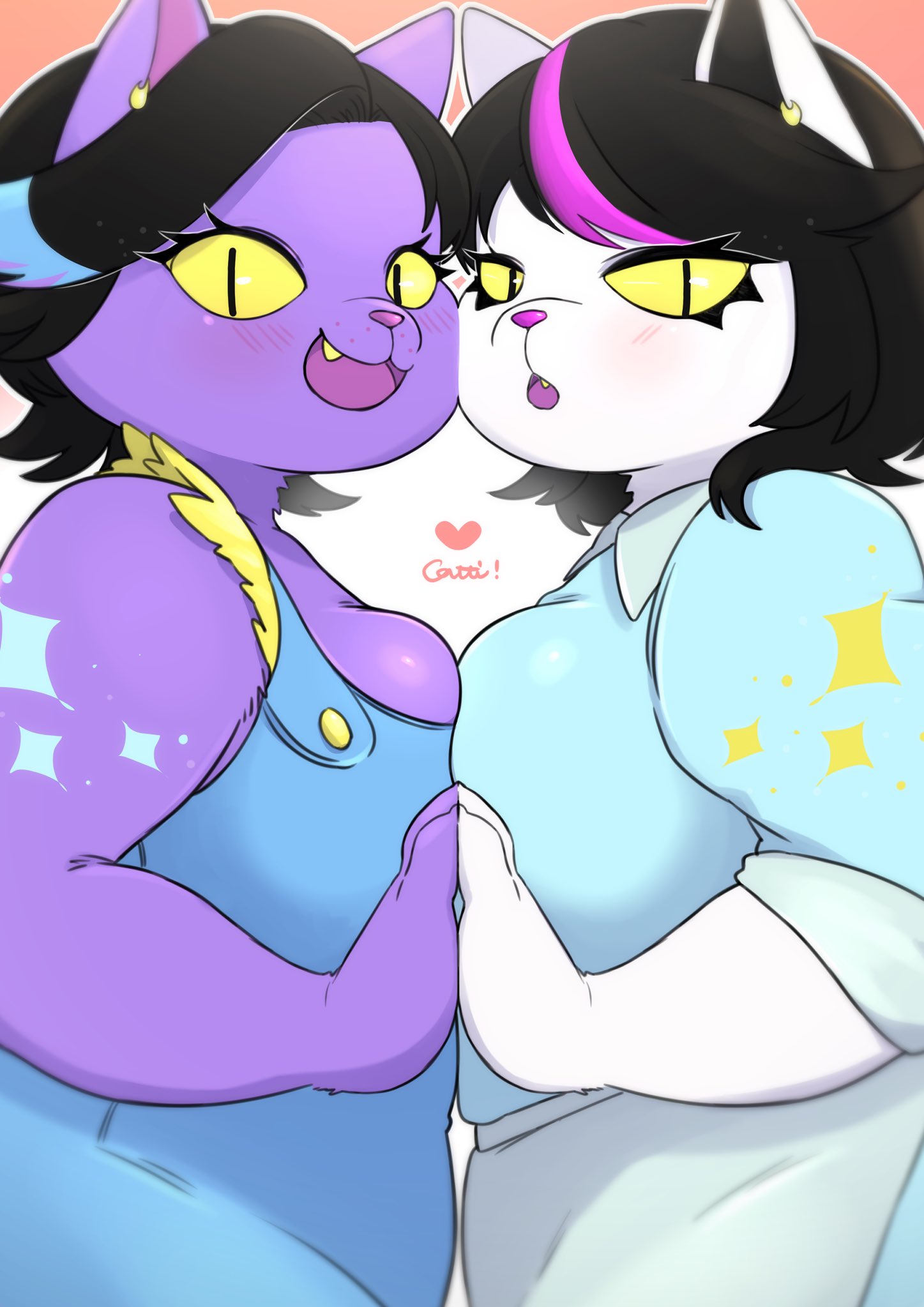 2_girls anthro anthro_only belly big_breasts black_hair blue_highlights blush breast_frottage breast_squish breasts catti_(deltarune) catty_(undertale) cleavage clothed clothing deltarune domestic_cat duo ear_piercing earring earrings fangs felid feline felis fur hair heart highlights_(coloring) looking_at_viewer makeup mammal mascara obese obese_anthro open_mouth open_smile overalls overweight overweight_anthro overweight_female piercing piercings pink_highlights pupils purple_body purple_fur purple_highlights sfw short_hair simple_background sister_and_sister sisters slit_pupils smile sparkles squish symmetrical_docking underchikichan undertale undertale_(series) video_games white_body white_fur yellow_sclera
