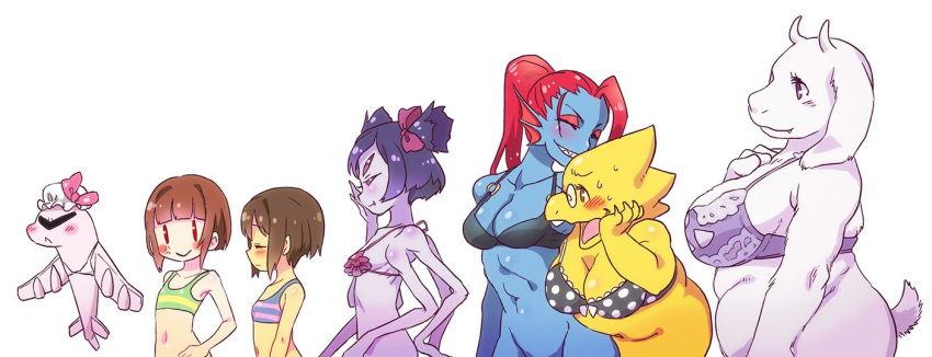 2_humans 7girls airplane alphys alphys_(undertale) anthro arachnid big_breasts blue_body blue_skin blush bra breasts brown_hair chara chara_(undertale) chara_female_(undertale) female female_anthro female_chara female_chara_(undertale) female_frisk_(undertale) female_human female_only fish fish_girl flat_chest flat_chested frisk frisk_(undertale) frisk_female frisk_female_(undertale) goat human lingerie lizard lizard_girl monster monster_girl muffet multiple_arms multiple_girls pixiv_id_20747286 plane polka_dot_bra purple_body purple_skin red_hair reptile reptile_girl short_hair short_ponytail small_breasts smiling spider spider_girl striped_bra toriel tsunderplane undertale undertale_(series) underwear undyne white_background white_fur yellow_body yellow_skin yugaiga