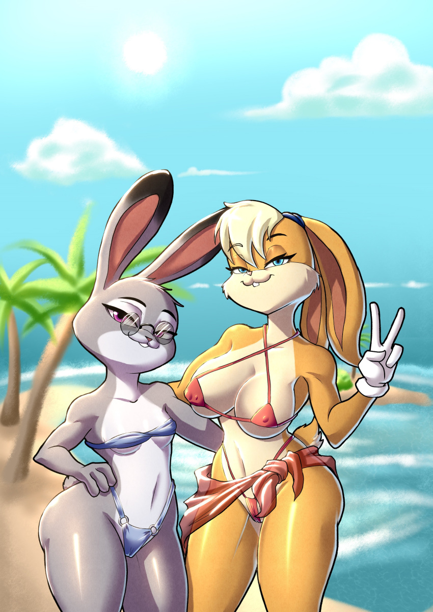2girls alternate_version_available anthro beach big_breasts bikini blue_bikini blue_swimsuit breasts cameltoe crossover disney erect_nipples erect_nipples_under_clothes female_only furry glasses hand_on_hip judy_hopps lola_bunny looking_at_viewer looney_tunes micro_bikini navel notilustregui ocean outside peace_sign rabbit red_bikini red_swimsuit sarong sea small_breasts smile space_jam swimsuit tail v v_sign warner_brothers water zootopia