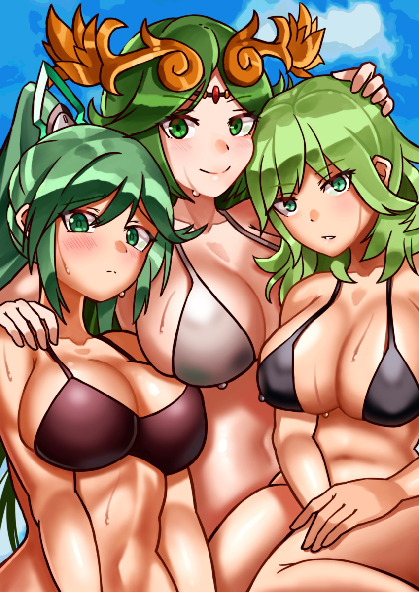 3girls absurd_res alluring alternate_costume aqua_eyes aqua_hair bangs bare_arms bare_shoulders beach big_breasts bikini black_bikini black_swimsuit blush breasts brown_bikini byleth_(female) byleth_(fire_emblem) byleth_(fire_emblem)_(female) collarbone crossover enlightened_byleth_(female) fire_emblem fire_emblem:_three_houses forehead_jewel green_eyes green_hair grey_bikini grey_swimsuit high_res kid_icarus kid_icarus_uprising laurel_crown light_green_hair long_hair medium_hair multiple_girls nintendo oniisan02b palutena parted_bangs pneuma pneuma_(xenoblade) png ponytail red_bikini red_swimsuit super_smash_bros. sweatdrop swept_bangs swimsuit trait_connection very_long_hair white_skin xenoblade_(series) xenoblade_chronicles_(series) xenoblade_chronicles_2