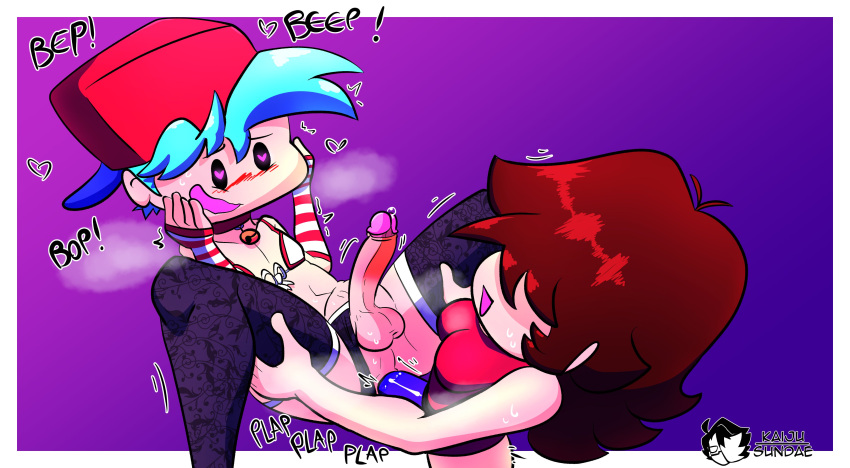 1boy 1girl 1girl1boy absurd_res absurdres anal anal_penetration anal_sex arm_sleeves artist_name auburn_hair bell blue blue_hair blush boyfriend_(friday_night_funkin) canon_couple collar duo female female_on_top female_penetrating female_penetrating_male femboy femboysub femdom friday_night_funkin garter_straps girlfriend_(friday_night_funkin) gradient_background heart-shaped_pupils kaijusundae lingerie long_hair male male/female male_penetrated malesub onomatopoeia pegging penetration penis precum purple_background purple_dildo red_dress sex straight strap-on strapon text thighhighs unseen_female_face