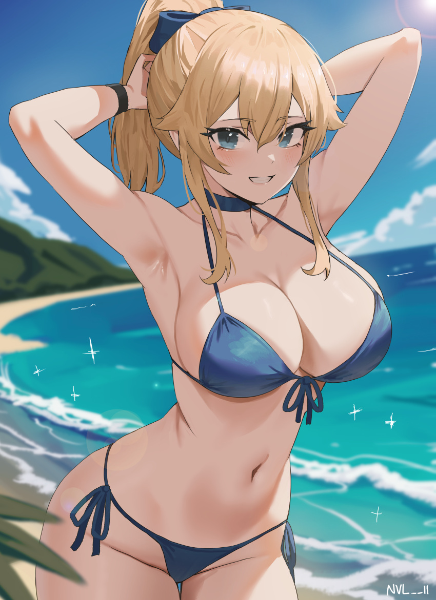 1girl 1girl absurd_res alluring arms_behind_head arms_up bare_shoulders beach big_breasts bikini blonde_hair blue_bikini blue_eyes blue_sky blush bow breasts choker cleavage collarbone genshin_impact grin hair_bow high_res jean_(genshin_impact) jean_gunnhildr long_hair looking_at_viewer navel nvl ocean ponytail shore sidelocks sky smile swimsuit thighs