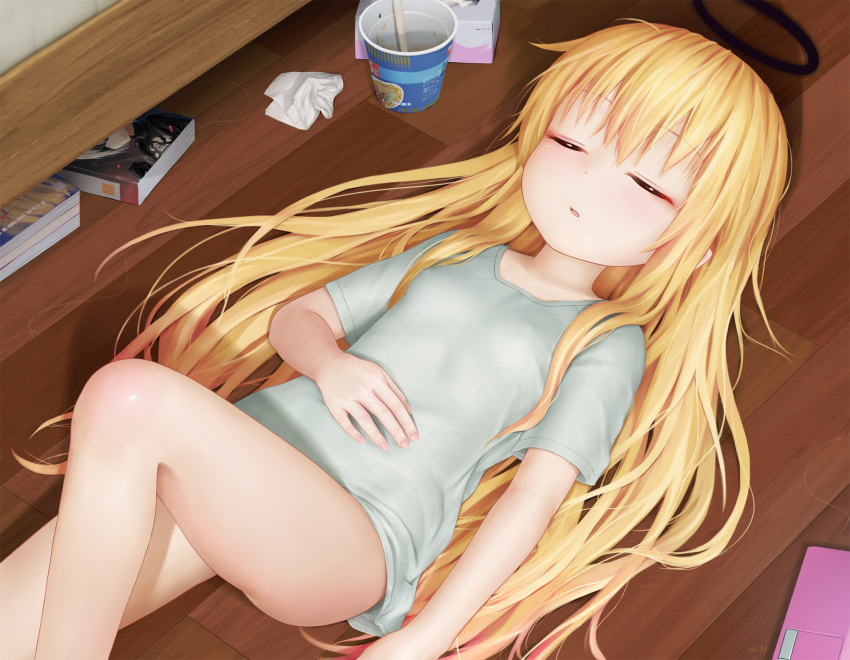 1girl 1girl aki99 blonde_hair blush bottomless breasts closed_eyes commentary_request covered_nipples cup gabriel_dropout gabriel_tenma_white hand_on_own_stomach high_res indoors long_hair lying nier:automata nier_(series) on_back parted_lips short_sleeves sleeping small_breasts tissue tissue_box variant_set wooden_floor yorha_no._2_type_b