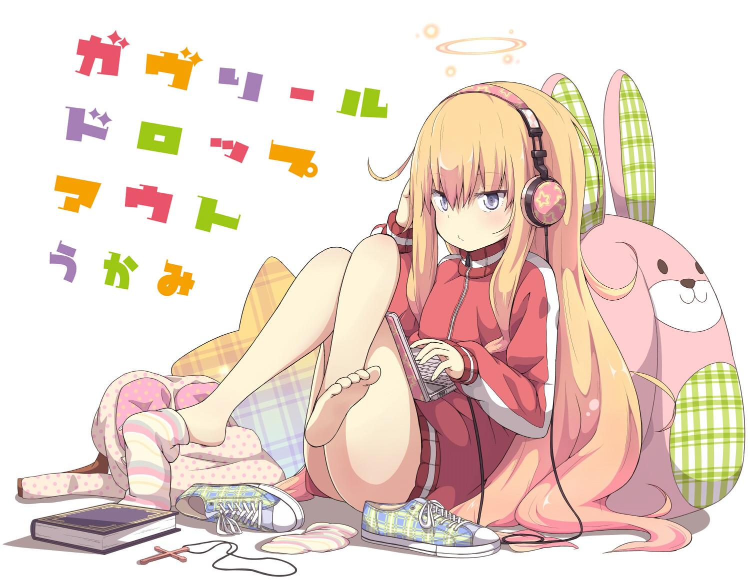 1girl 1girl animal_ears bad_id bad_twitter_id barefoot blonde_hair computer copyright_name cross feet full_body gabriel_dropout gabriel_tenma_white halo headphones jacket jewelry laptop long_hair naked_jacket necklace official_art rabbit rabbit_ears shoes sitting sneakers sock_dangle socks socks_removed sportswear stuffed_animal stuffed_toy toy track_jacket translated ukami very_long_hair