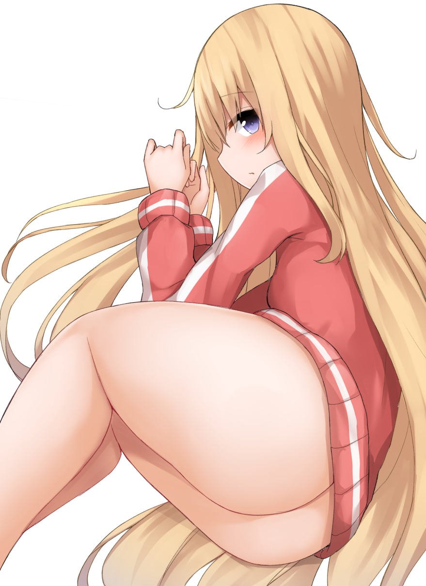 1girl 1girl ass blonde_hair blush bottomless commentary_request from_side gabriel_dropout gabriel_tenma_white high_res jacket long_hair long_sleeves looking_at_viewer looking_to_the_side mizushina_minato naked_jacket profile track_jacket very_long_hair