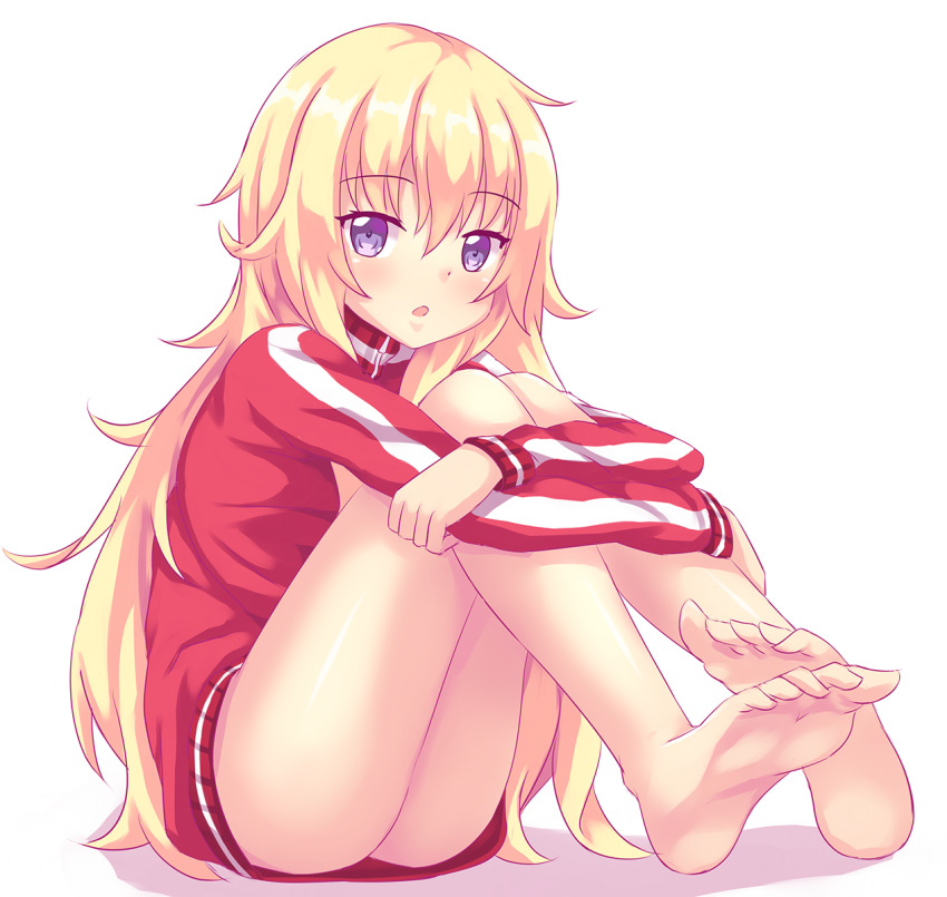 1girl 1girl :o ass barefoot blonde_hair commentary english_commentary feet full_body gabriel_dropout gabriel_tenma_white hair_between_eyes head_tilt high_res hugging_own_legs jacket long_hair long_sleeves looking_at_viewer nottytiffy open_mouth purple_eyes red_jacket simple_background sitting sketch soles striped striped_jacket toes track_jacket very_long_hair white_background