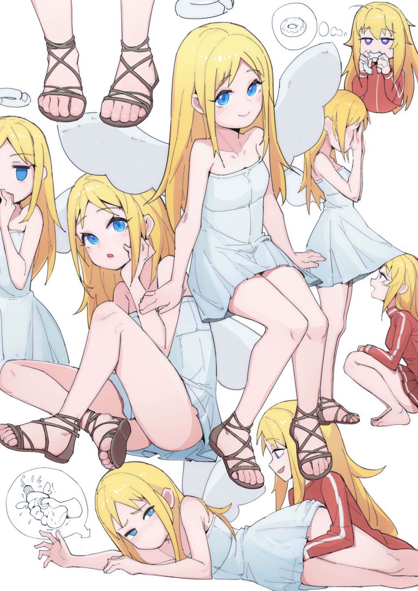 1girl 1other absurd_res angel angel_wings blonde_hair blue_eyes blush broken_halo chinese_commentary closed_mouth commentary_request covering_face crimvael crossover doughnut dress eating feet food gabriel_dropout gabriel_tenma_white halo high_res implied_futanari implied_handjob ishuzoku_reviewers jacket lan_mao_akko legs long_hair looking_at_viewer lying mixed-language_commentary multiple_views naughty_face nose_blush on_side open_mouth partial_commentary photoshop_(medium) pleated_skirt purple_eyes red_jacket red_skirt sandals simple_background sitting skirt sleeveless sleeveless_dress smile standing thought_bubble tomita_miyu voice_actor_connection white_background white_dress wings