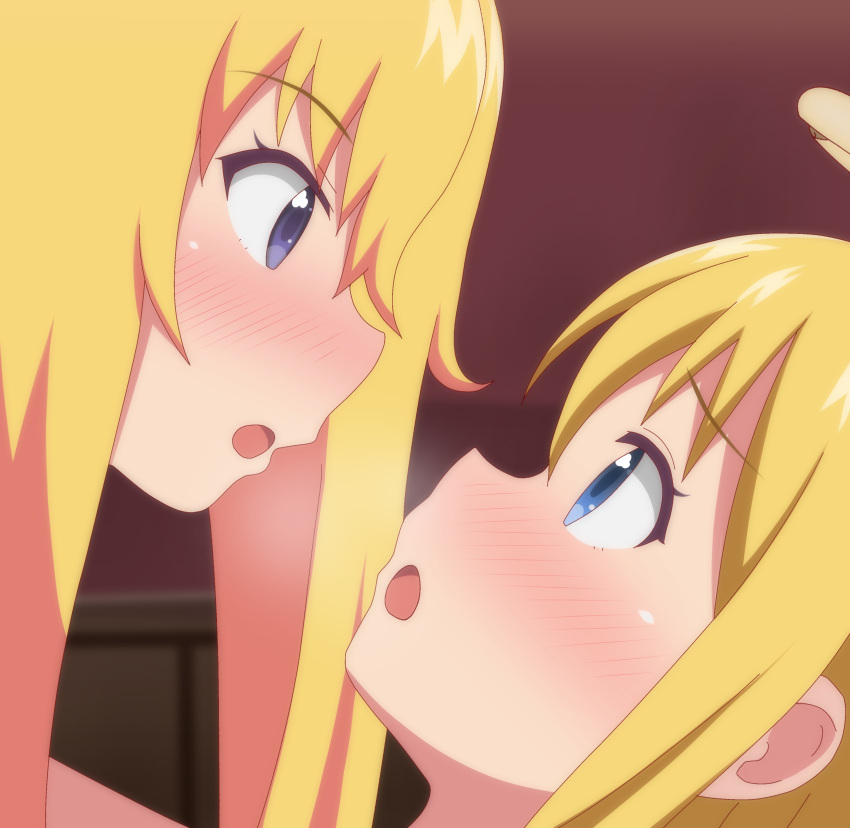 1girl 1other :o absurd_res angel bad_id bad_pixiv_id bed blonde_hair blue_eyes blush broken_halo commentary_request crimvael crossover eye_contact face-to-face facing_another gabriel_dropout gabriel_tenma_white halo heavy_breathing high_res ishuzoku_reviewers long_hair look-alike looking_at_another nose_blush open_mouth poa_mellhen purple_eyes tomita_miyu trait_connection voice_actor_connection