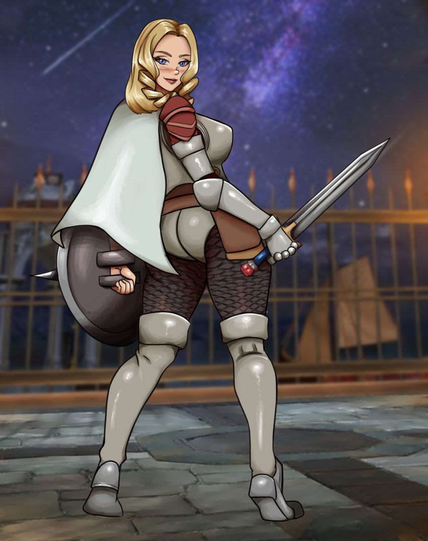 1girl abelia abelia_schillfelt armor armored_boots armored_bra armored_gloves armored_panties ass back bandai_namco blond blond_hair blonde blonde_hair blue_eyes blush chestplate chronicles_of_the_sword curled_hair curly_hair curvy curvy_body curvy_female curvy_figure curvy_hips curvy_thighs dat_ass deviantart facing_away female female_focus female_human female_only female_solo fighting_game fighting_pose fighting_ring fighting_stance gauntlet gauntlets grin hentai-foundry holding holding_object holding_shield holding_sword human human_only human_solo kyunamaori legs namco namco_bandai project_soul round_ass shield shield_and_sword sideboob smile solo solo_female solo_focus soul_calibur soul_calibur_iii soulcalibur_iii spiked_shield sword thighs video_game video_game_character video_game_franchise video_games warrior weapon wielding