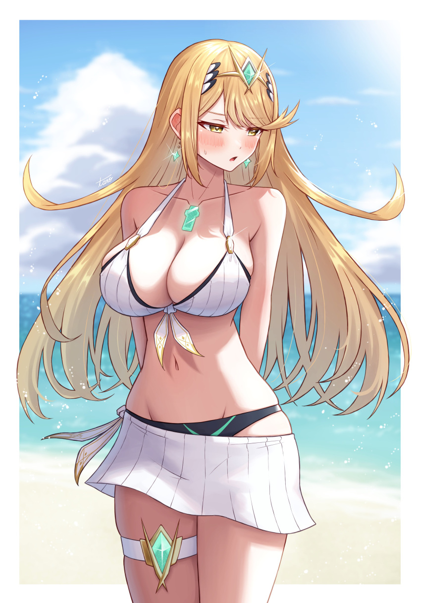 1girl alluring blonde_hair bra breasts core_crystal female_only head_jewelry jewelry mythra necklace nintendo panties piercings skirt taro_(peach_taro51) xenoblade_(series) xenoblade_chronicles_2