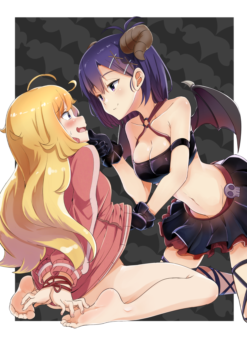 2_girls arms_behind_back bandeau bare_shoulders barefoot bat_wings bdsm black_gloves blonde_hair blue_eyes blush bondage bottomless bound bound_wrists breasts casino_(casinoep) cleavage commentary criss-cross_halter demon_girl demon_horns eye_contact feet femdom gabriel_dropout gabriel_tenma_white gloves hair_ornament hairclip hallelujah_essaim halterneck hand_on_another's_chin hands hands_on_feet high_res horns jacket long_hair long_sleeves looking_at_another medium_breasts messy_hair multiple_girls naked_jacket naughty_face no_panties o-ring o-ring_top open_mouth profile purple_eyes purple_hair restrained short_hair sitting skirt smile soles toes track_jacket very_long_hair vignette_tsukinose_april wariza wings x_hair_ornament yuri