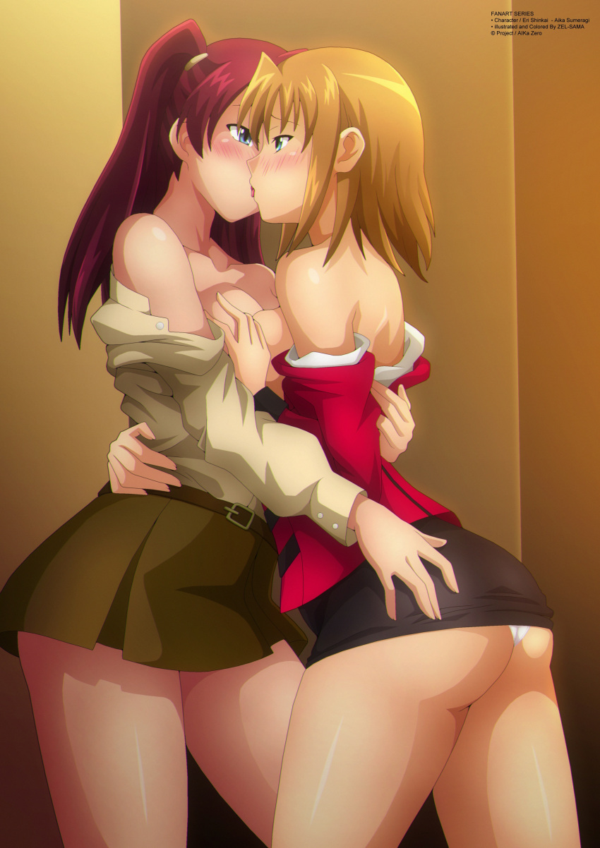 2girls agent_aika aika_(series) aika_zero blonde blonde_female blonde_hair blonde_hair_female exposed_panties female_focus female_only kissing making_out panties panties_exposed red_hair red_hair_female shingai_eri skirt skirt_lift sumeragi_aika white_panties yuri zel-sama