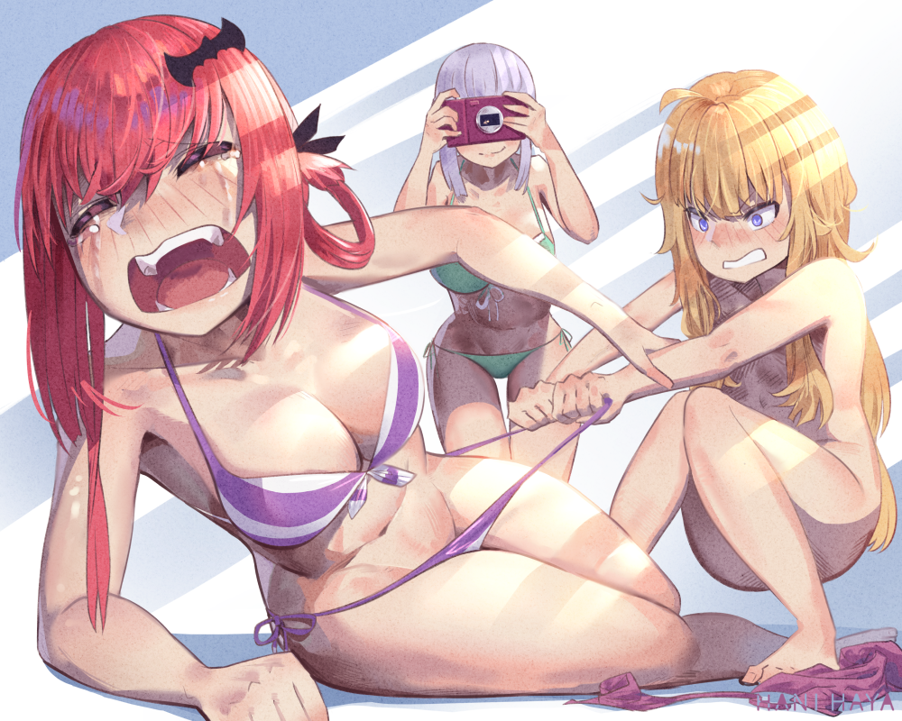 3_girls arm_support artist_name barefoot bat_hair_ornament big_breasts bikini bikini_tug blonde_hair blue_eyes blush breasts camera cleavage clenched_teeth closed_eyes closed_mouth commentary_request crying derivative_work furrowed_brow gabriel_dropout gabriel_tenma_white green_bikini groin hair_ornament hair_rings hani_haya holding holding_camera kneel knees_together_feet_apart legs_together light_purple_hair long_hair looking_at_another lying multiple_girls navel nose_blush nude on_side open_mouth purple_bikini raphiel_shiraha_ainsworth red_hair satanichia_kurumizawa_mcdowell screencap_redraw side-tie_bikini_bottom sidelocks smile smirk smug squatting swimsuit taking_picture tears teeth thigh_gap undressing_another v-shaped_eyebrows very_long_hair