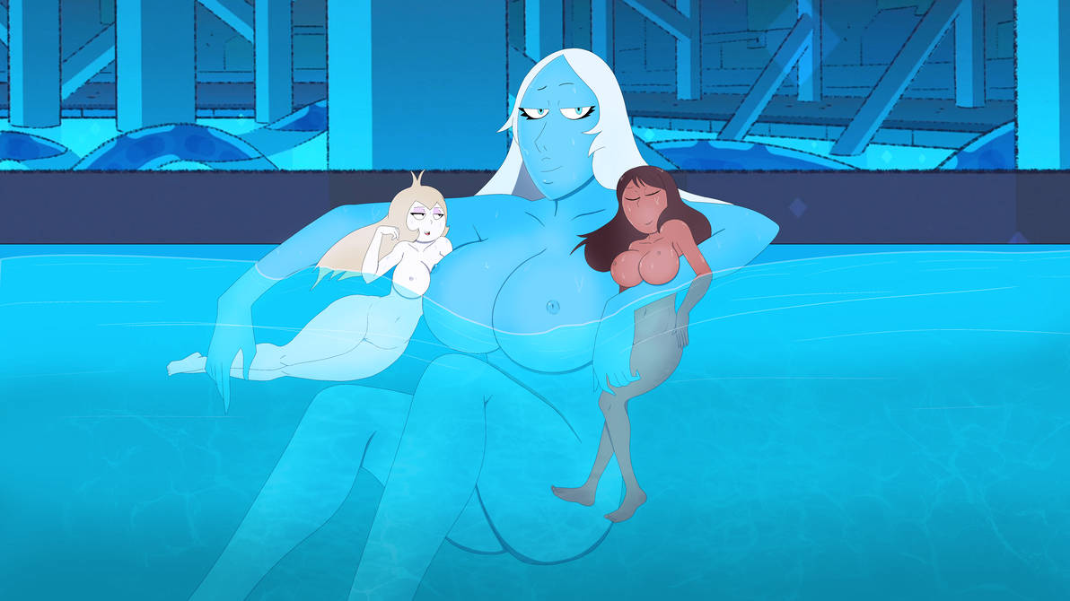 3girls bathing blonde_hair bloodyblender blue_diamond_(steven_universe) blue_eyes blue_hair blue_skin brown_hair cartoon_network dark_skin giantess height_difference looking_at_viewer nude pale_skin priyanka_maheswaran size_difference skinny_dipping steven_universe vidalia