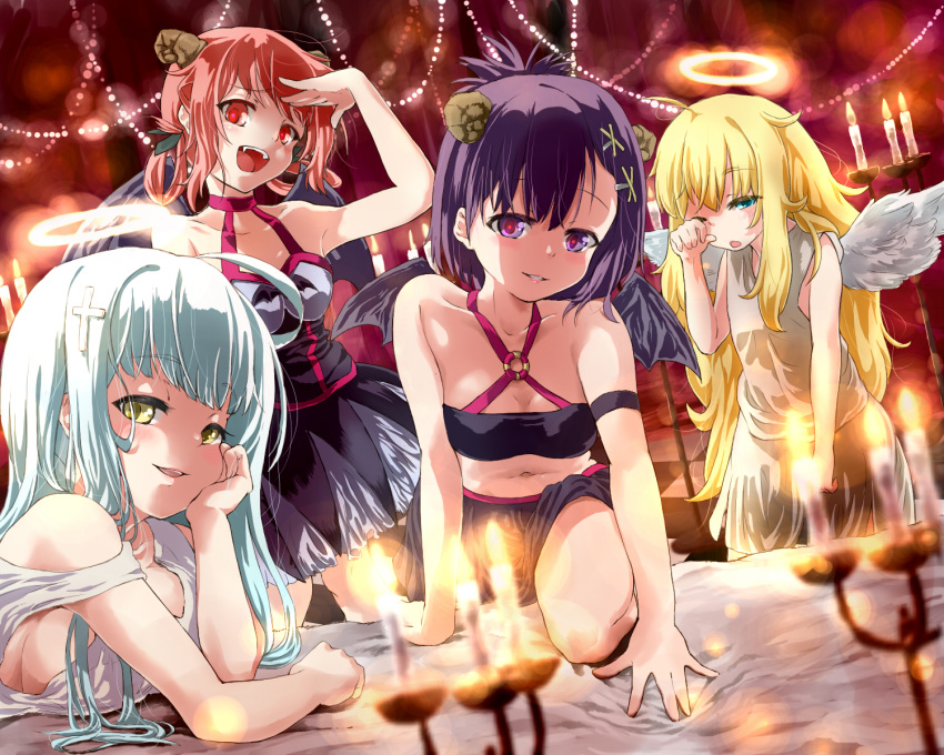 4girls angel angel_wings bad_id bad_pixiv_id bare_shoulders bed big_breasts black_hair blonde_hair blue_eyes blurry blush breast_press breast_rest breasts candle come_hither commentary_request cross_hair_ornament demon demon_girl demon_wings depth_of_field fang gabriel_dropout gabriel_tenma_white hair_ornament hallelujah_essaim halo high_res horns indoors light_particles midriff multiple_girls navel odd_one_out one_eye_closed open_mouth parted_lips purple_eyes raphiel_shiraha_ainsworth red_eyes red_hair revision rubbing_eyes satanichia_kurumizawa_mcdowell sazanka seductive_smile sideboob small_breasts smile vignette_tsukinose_april white_hair wings yellow_eyes
