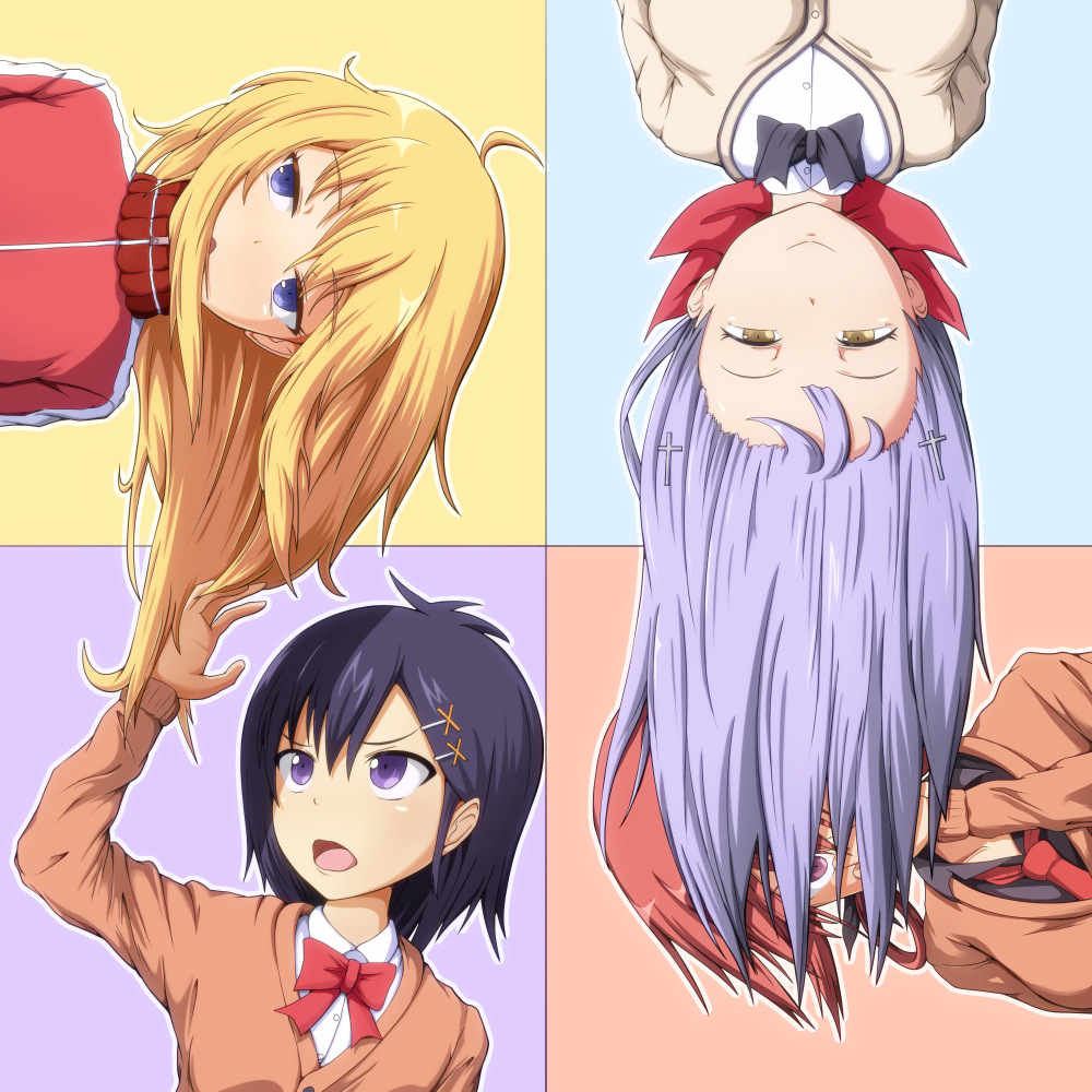 4girls :&gt; ahoge arms_at_sides black_bow black_bowtie black_hair black_shirt blonde_hair blue_eyes bow bowtie breasts brown_eyes cardigan closed_mouth collared_shirt commentary_request cross_hair_ornament dress_shirt eyelashes gabriel_dropout gabriel_tenma_white hair_between_eyes hair_ornament hair_rings hairclip half-closed_eyes hand_in_own_hair hand_on_own_face hand_up hidden_face jacket long_hair long_sleeves looking_at_another looking_at_viewer looking_up medium_breasts messy_hair multiple_girls neck_tie ocza one_eye_covered open_mouth outline palms purple_eyes purple_hair raphiel_shiraha_ainsworth red_bow red_bowtie red_hair revision satanichia_kurumizawa_mcdowell school_uniform shade shirt short_hair small_breasts small_breasts track_jacket upper_body upside-down vignette_tsukinose_april x_hair_ornament