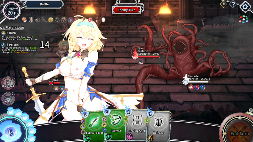 big_breasts blonde_hair blue_eyes covering_crotch defeated_heroine dungeon game_card game_cg game_menu hanabi_fuusen imminent_rape mango_party nipples screenshot take_me_to_the_dungeon tentacle tentacle_monster_(take_me_to_the_dungeon) torn_clothes una_(take_me_to_the_dungeon) video_game_character weapon