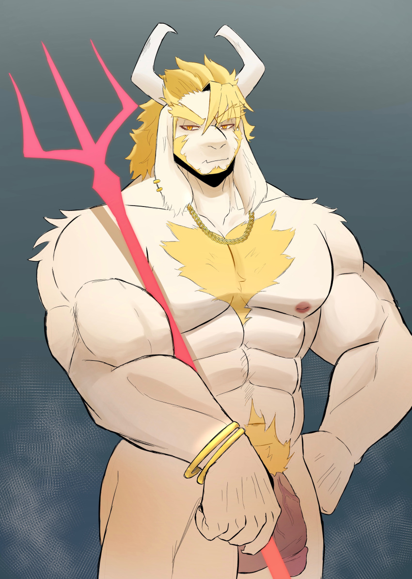 &gt;:( 1boy 1girl anthro anthro_only asgore_dreemurr balls bara blonde_hair dad_bod ear_piercing facial_hair furry furry_male furry_only goat goat_horns gradient_background hairy horns male male_anthro male_only muscle necklace overweight overweight_male penis pkylblu solo_male trident undertale undertale_(series) veiny_penis weapon white_fur yaoi yellow_eyes young_adult