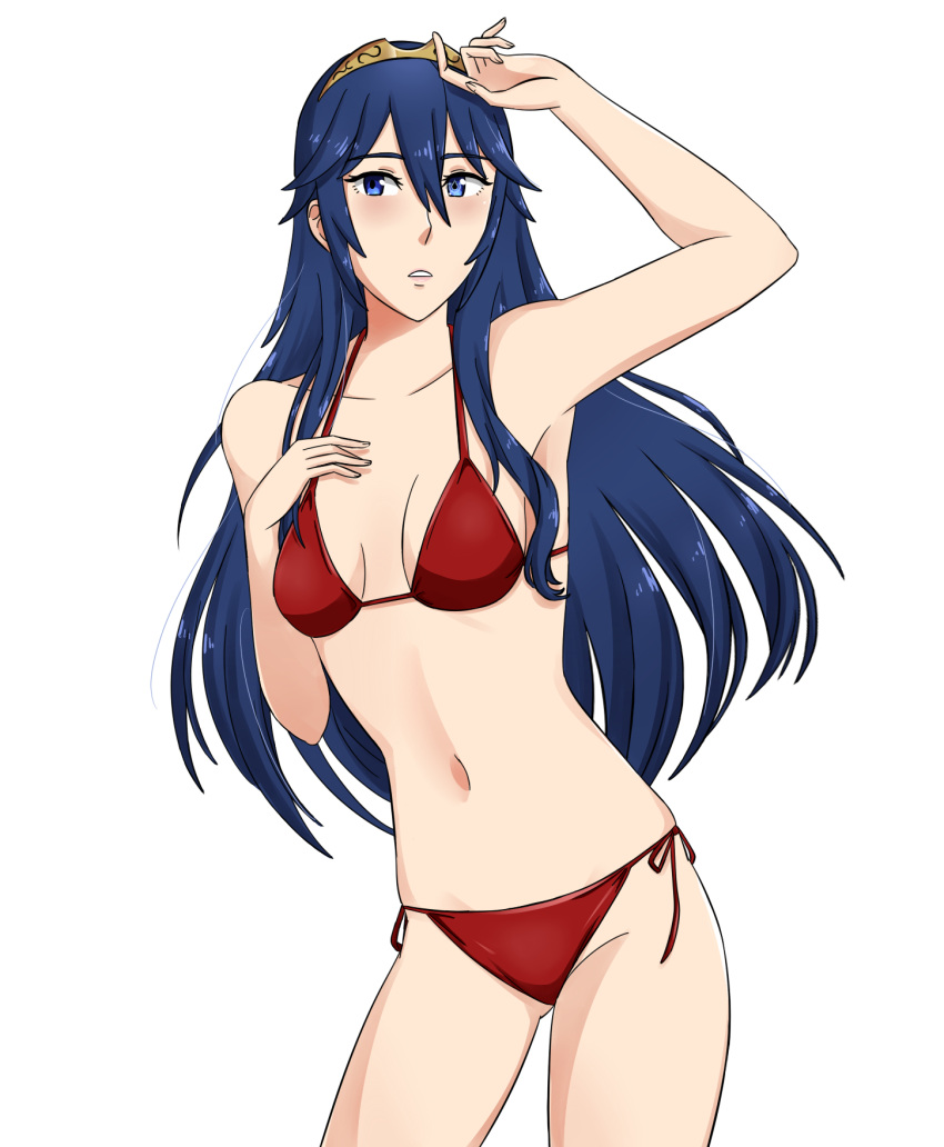 1girl 1girl 1girl alluring alternate_costume bare_arms bare_legs bare_midriff bare_shoulders bare_thighs bikini blue_eyes blue_hair blush female_only fire_emblem fire_emblem_awakening long_hair lucina lucina_(fire_emblem) midriff navel nintendo red_bikini red_swimsuit swimsuit tiara vallurite