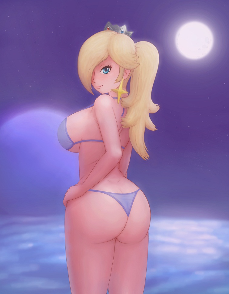 1girl 1girl 1girls ass ass_cleavage big_ass big_breasts bikini blue_bikini blue_eyes breasts butt_crack crown female_only hair_over_one_eye hand_on_hip high_res human long_hair looking_at_viewer mario_(series) moon moonlight night nintendo ocean pale-skinned_female princess rear_view rosalina royalty saf-404 safartwoks safartworks smile space standing star_earrings super_mario_bros. thick_thighs thin_waist thong video_game_character wide_hips