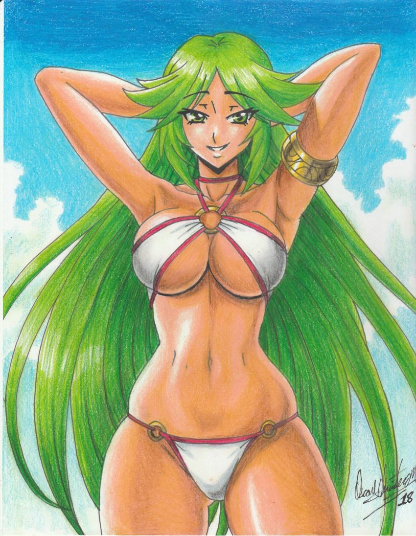 1girl 1girl 2018 alluring armlet arms_behind_head arms_up belly big_breasts bikini breasts cleavage cloud cloudy_sky green_eyes green_hair high_res kid_icarus kid_icarus_uprising long_hair navel nintendo palutena ravern_clouk ravernclouk_design sky smile swimsuit tight_clothes traditional_media very_long_hair white_bikini