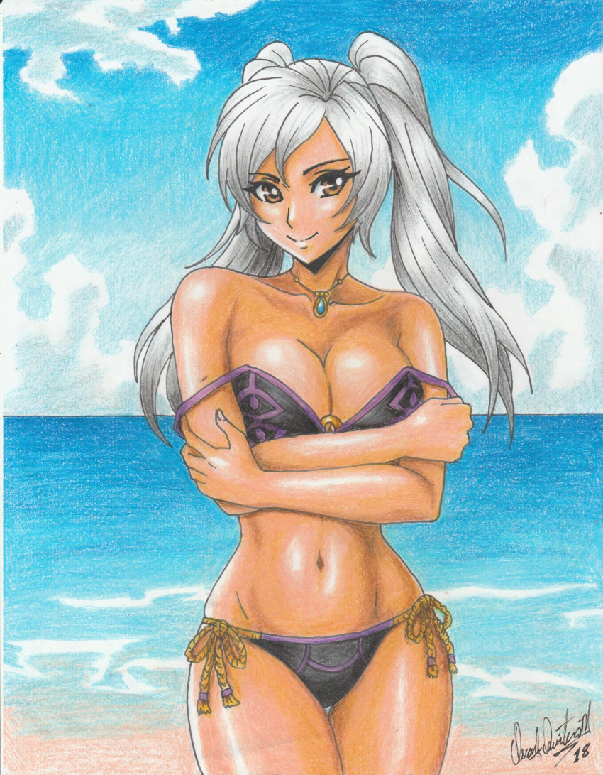 1girl 1girl 2018 alluring beach big_breasts bikini black_bikini breasts cleavage fire_emblem fire_emblem_awakening grey_hair high_res jewelry navel necklace nintendo ocean orange_eyes ponytail ravern_clouk robin_(fire_emblem) robin_(fire_emblem)_(female) sand smile swimsuit traditional_media twin_tails undressing white_hair