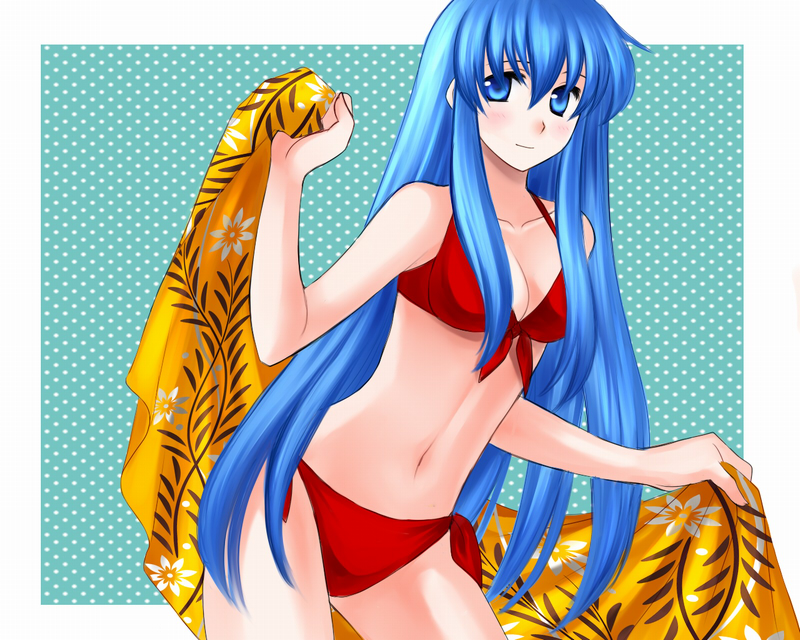 1girl 1girl 74 alluring bikini blue_eyes blue_hair blush breasts cleavage eirika_(fire_emblem) fire_emblem fire_emblem:_the_sacred_stones floral_print long_hair matching_hair/eyes medium_breasts nintendo red_bikini side-tie_bikini_bottom smile swimsuit towel very_long_hair