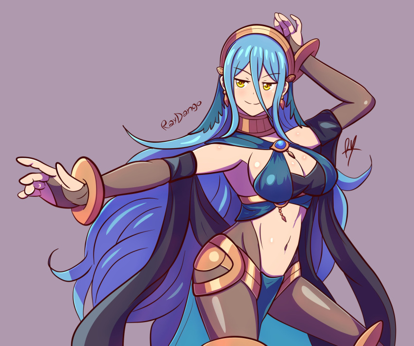 1girl 1girl alluring alternate_costume aqua_hair artist_name azura_(fire_emblem) bare_midriff big_breasts big_breasts blue_hair bodystocking cleavage cosplay dancer dorothea_arnault_(cosplay) female_only fire_emblem fire_emblem_fates fire_emblem_heroes hair_between_eyes harem_outfit lene_(fire_emblem)_(cosplay) light_blue_hair long_hair nintendo raydango sideboob smile smug solo_female yellow_eyes