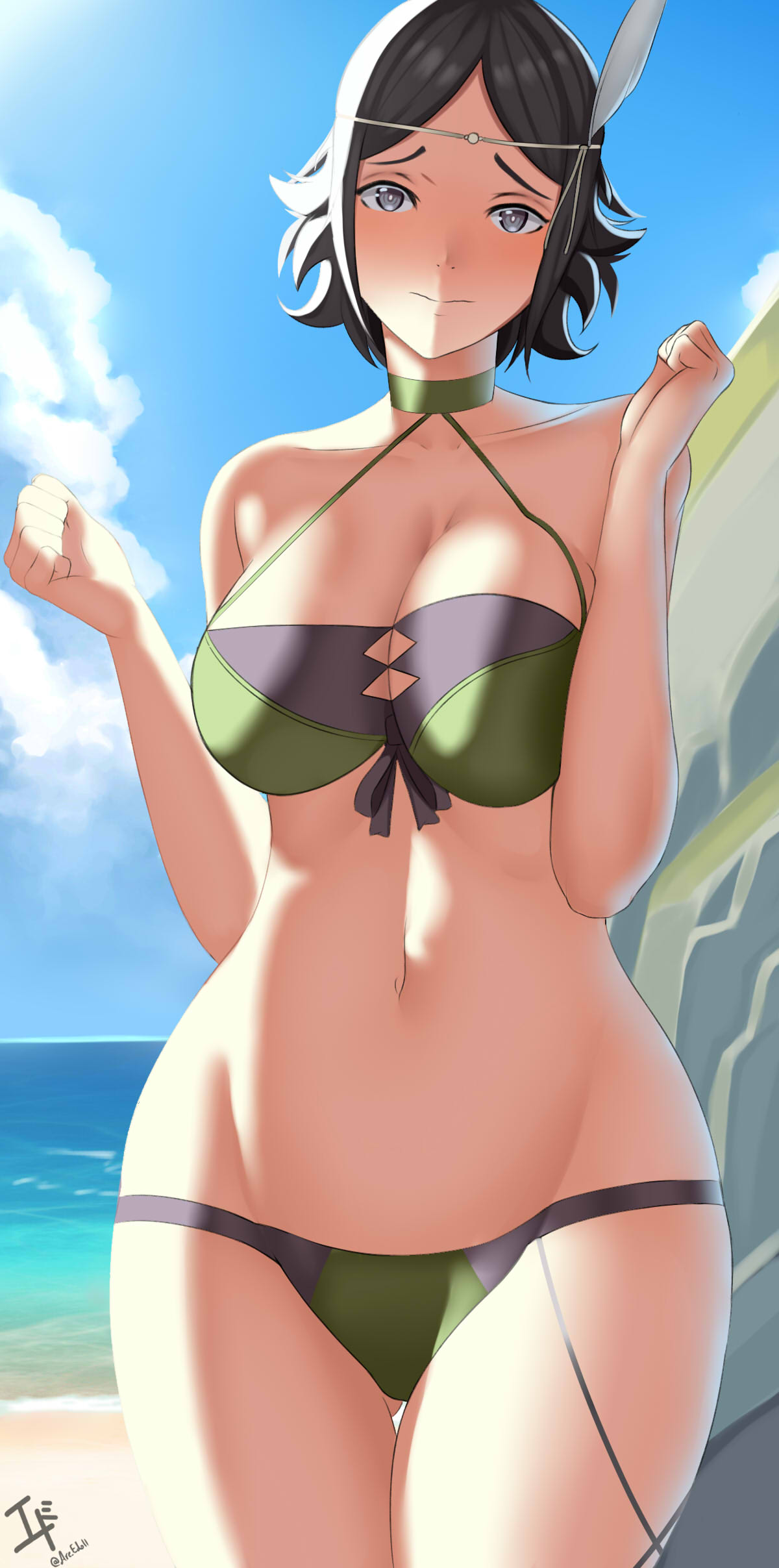 1girl 1girl alluring alternate_costume arcedo ass_visible_through_thighs bare_shoulders bare_thighs beach big_breasts bikini_top black_hair breasts cleavage collarbone feathers female_only fire_emblem fire_emblem_awakening fire_emblem_heroes green_bikini green_swimsuit grey_eyes hair_ornament looking_at_viewer nintendo noire_(fire_emblem) noire_(summer)_(fire_emblem) ocean official_alternate_costume short_hair swimsuit thighs