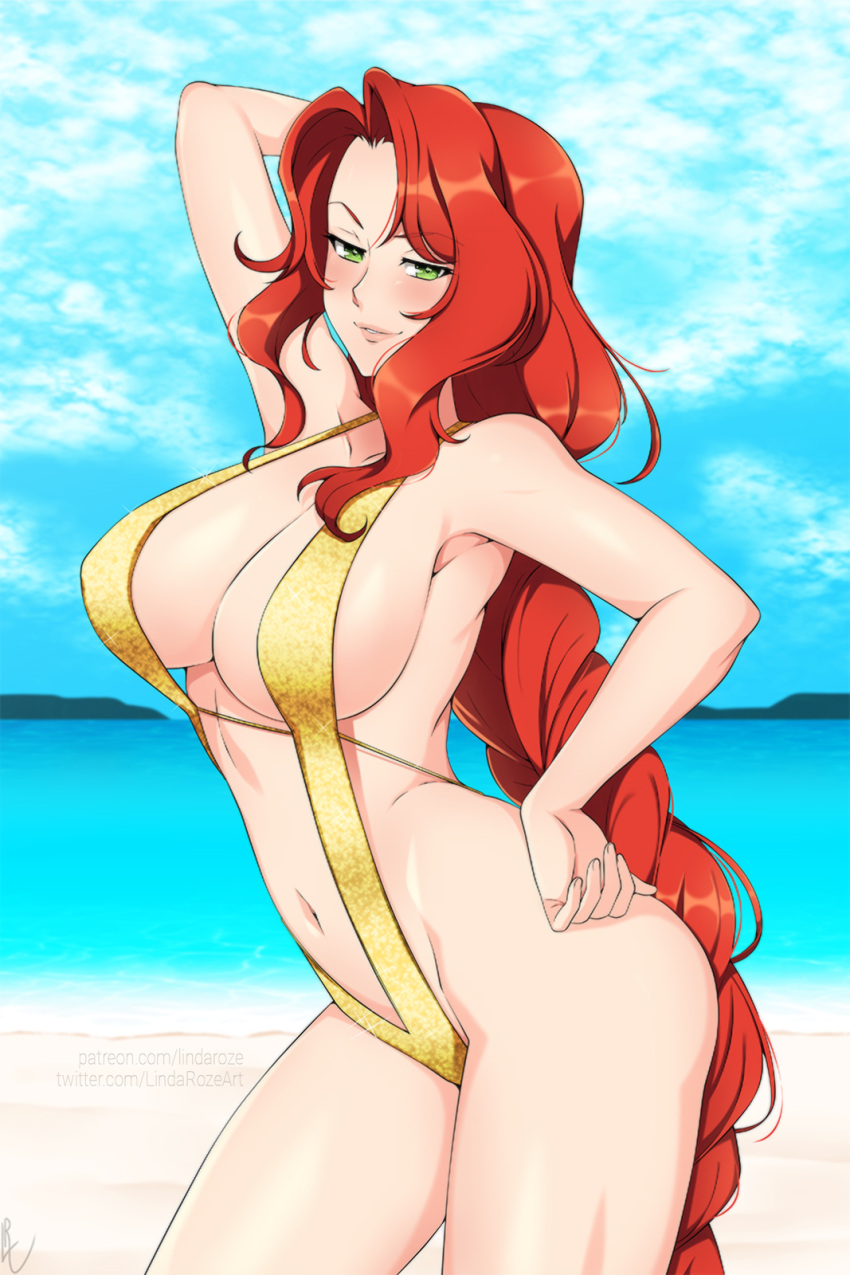 1girl 1girl alluring alternate_costume arm_up beach big_breasts braid braided_ponytail breasts cleavage commentary commission fire_emblem fire_emblem:_path_of_radiance fire_emblem:_radiant_dawn green_eyes horizon lindaroze long_hair long_red_hair milf navel nintendo ocean one-piece_swimsuit pose red_hair sand seductive seductive_smile sideboob single_braid slingshot_swimsuit smile smirk solo_female standing swimsuit titania_(fire_emblem) very_long_hair yellow_one-piece_swimsuit yellow_swimsuit