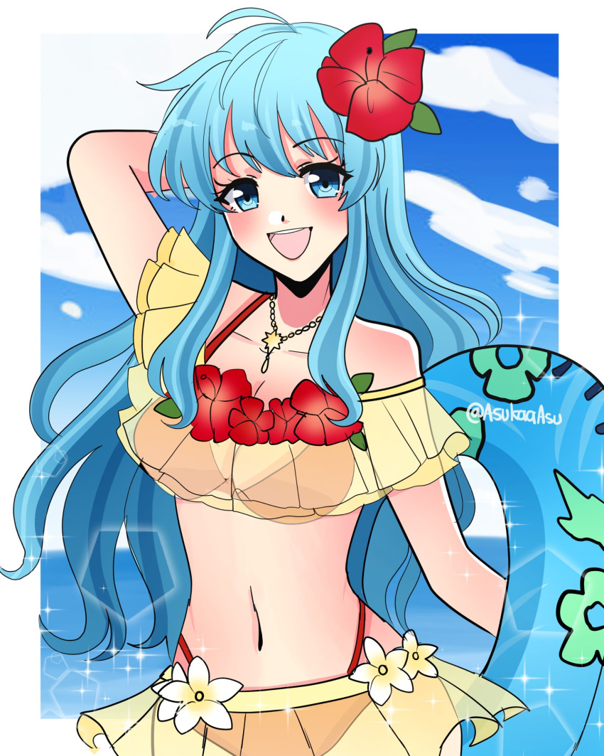 1girl 1girl :d alluring aqua_eyes aqua_hair arm_behind_head asukaaasuu bare_shoulders bikini blue_sky cloud eirika_(fire_emblem) fire_emblem fire_emblem:_the_sacred_stones fire_emblem_heroes flower hair_flower hair_ornament high_res holding holding_innertube innertube jewelry layered_bikini looking_at_viewer navel necklace nintendo official_alternate_costume open_mouth red_bikini sky smile swimsuit teeth twitter_username two-tone_bikini upper_teeth_only yellow_bikini