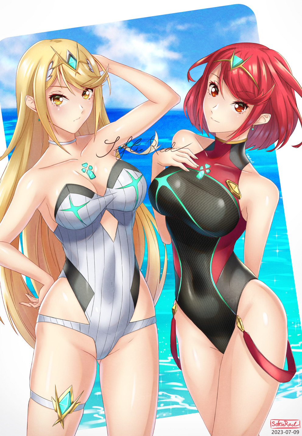 1girl 2_girls alluring bikini blonde_hair breasts cleavage core_crystal female_only looking_at_viewer milf mythra nintendo pyra red_hair softiered swimsuit xenoblade_(series) xenoblade_chronicles_2