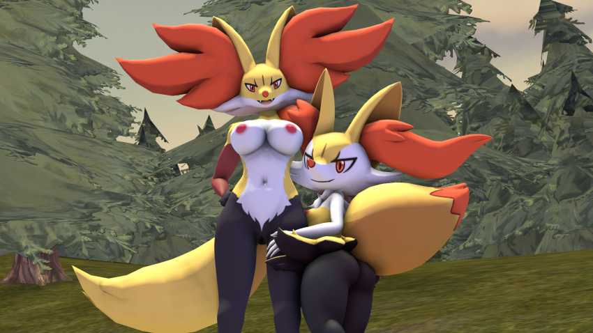 1girl 3d_(artwork) anthro ass bedroom_eyes braixen breasts canid canine delphox digital_media_(artwork) duo female/female forest fox generation_6_pokemon high_res leg_grab looking_at_viewer mammal narrowed_eyes nintendo nipples plant pokemon pokemon_(species) presenting presenting_hindquarters seductive small_breasts smile tree volcalest