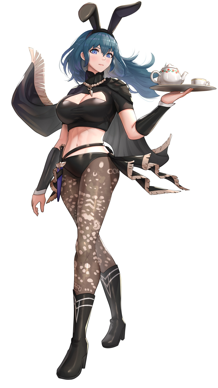 1girl absurd_res alluring animal_ears big_breasts bikini bikini_bottom_only black_bikini black_cape blue_eyes boots breasts brown_pantyhose bunny_day byleth_(female) byleth_(female)_(fire_emblem) byleth_(fire_emblem) byleth_(fire_emblem)_(female) cape cleavage closed_mouth crop_top cup dagger expressionless fake_animal_ears fire_emblem fire_emblem:_three_houses floating_hair full_body gonzarez hair_between_eyes high_res holding holding_cup holding_tray holster knife lace lace-trimmed_legwear lace_trim leotard long_hair looking_at_viewer midriff navel nintendo pantyhose pink_lips playboy_bunny print_pantyhose rabbit_ears sheath sheathed short_sleeves simple_background stomach swimsuit teacup teal_hair teapot thighs tray vambraces weapon white_background