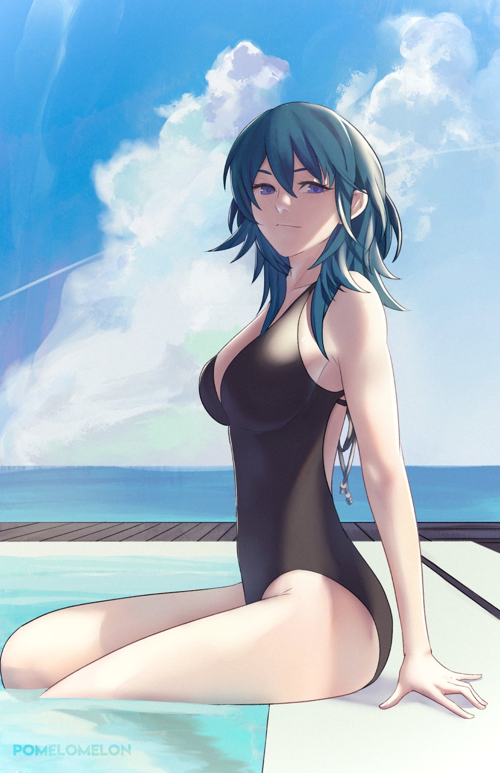 1girl alluring alternate_costume backless_outfit big_breasts bikini black_one-piece_swimsuit blue_eyes breasts byleth_(fire_emblem) byleth_(fire_emblem)_(female) cloud fire_emblem fire_emblem:_three_houses hair_between_eyes high_res looking_at_viewer medium_hair nintendo ocean one-piece_swimsuit outside pomelomelon pool sitting sky smile swimming_pool swimsuit teal_hair