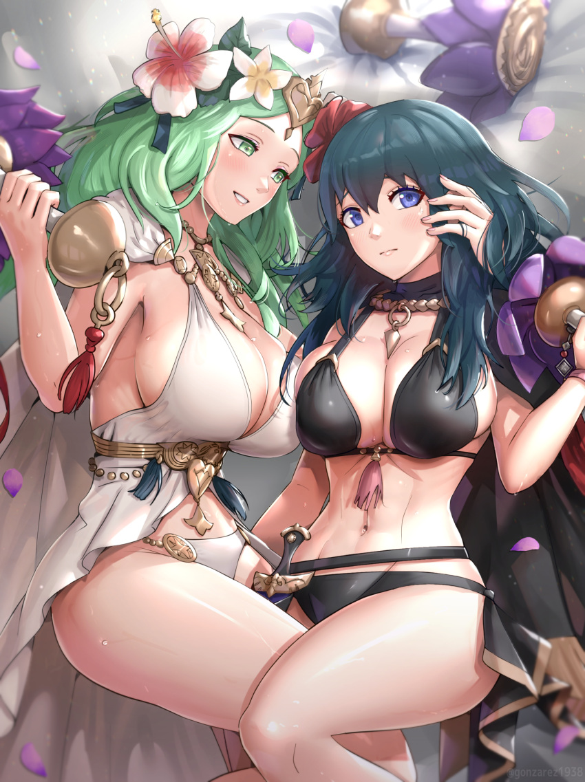2_girls abs absurd_res alluring alternate_costume athletic_female big_breasts bikini black_bikini black_vs_white blush breast_press breasts byleth_(female) byleth_(fire_emblem) byleth_(fire_emblem)_(female) cape cleavage closed_mouth dagger exercise female_abs female_focus fire_emblem fire_emblem:_three_houses fire_emblem_heroes fit_female flower forehead gonzarez green_eyes green_hair hair_between_eyes hair_flower hair_ornament hand_on_another's_face hand_on_another's_head hibiscus high_res holding huge_breasts knife long_hair looking_at_another looking_to_the_side lying matching_hair/eyes multiple_girls navel nintendo official_alternate_costume parted_lips petals pink_lips red_flower revision rhea_(fire_emblem) rhea_(summer)_(fire_emblem) sheath sheathed sideboob smile sweat sweatdrop swimsuit teal_eyes teal_hair thighs weapon weightlifting white_bikini white_cape white_flower yuri