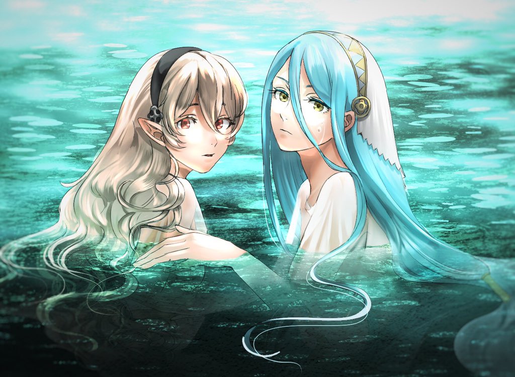 2_girls alluring azura_(fire_emblem) bathing bavaa black_headband blue_hair closed_mouth commentary corrin_(fire_emblem) corrin_(fire_emblem)_(female) fire_emblem fire_emblem_fates grey_hair hair_between_eyes hair_tubes headband in_water long_hair looking_at_viewer multiple_girls nintendo panties parted_bangs partially_submerged pointy_ears red_eyes shirt underwear veil very_long_hair water wet wet_clothes wet_hair wet_shirt white_shirt white_veil yellow_eyes