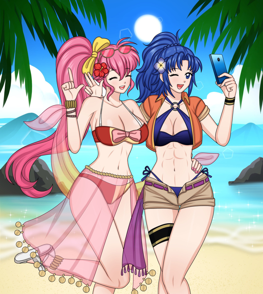 2girls ;d alluring alternate_costume arm_around_waist athletic_female big_breasts bikini blue_bikini blue_eyes blue_hair blue_swimsuit breasts cleavage closed_eyes female_abs female_only fire_emblem fire_emblem:_mystery_of_the_emblem fire_emblem:_new_mystery_of_the_emblem fit_female hugging kris_(fire_emblem) long_hair loutaniart medium_hair multiple_girls nail_polish nintendo one_eye_closed open_mouth outside palm_tree phina_(fire_emblem) phone pink_hair pink_nails ponytail pose sarong see-through selfpic shorts smartphone smile swimsuit tree very_long_hair wink