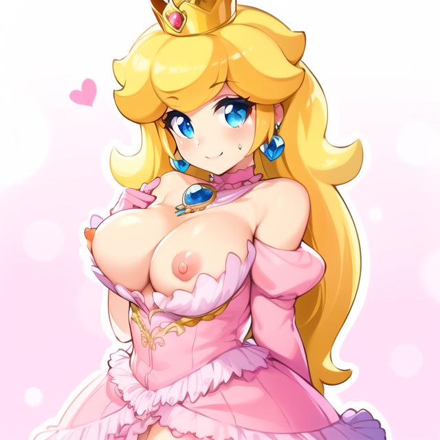ai_generated big_breasts blonde_hair blue_eye blue_gemstone breasts_out_of_clothes crown curvaceous dress earrings exposed_breasts female headwear high_heels jewelry long_hair looking_at_viewer mario_(series) medium_breasts nail_polish nintendo pink_dress princess princess_peach qmai_(artist) sleeveless sleeveless_dress strapless_dress super_mario_bros. thick_thighs thighs voluptuous white_gloves white_leggings wide_hips