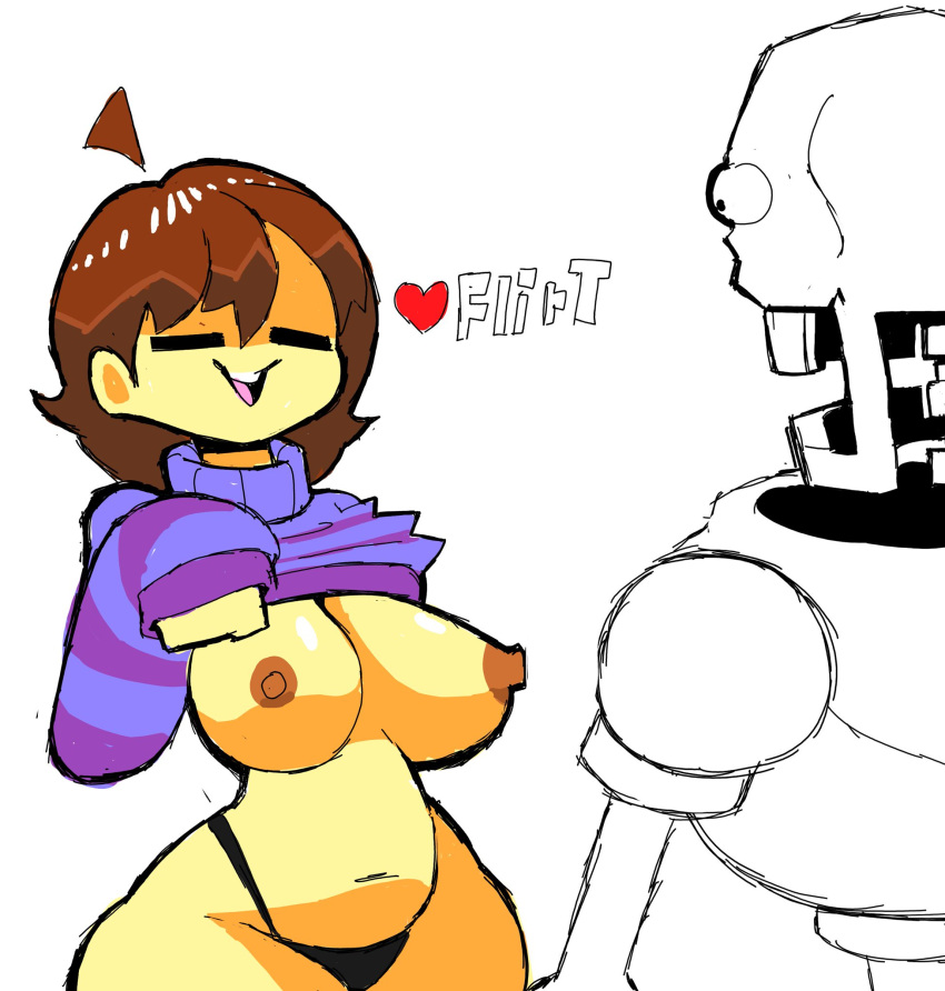 1boy 1girl aged_up animated_skeleton big_breasts black_panties breasts closed_eyes eks-out embarrassed english_text female female_focus female_frisk female_frisk_(undertale) female_human flashing flashing_breasts frisk frisk_(undertale) frisk_female frisk_female_(undertale) huge_breasts human looking_at_another looking_at_breasts male monster nipples open_mouth panties papyrisk papyrus papyrus_(undertale) seductive skeleton solo_female spoken_heart striped_shirt text thick_thighs undead undertale undertale_(series) voluptuous white_background wide_hips yellow_body yellow_skin