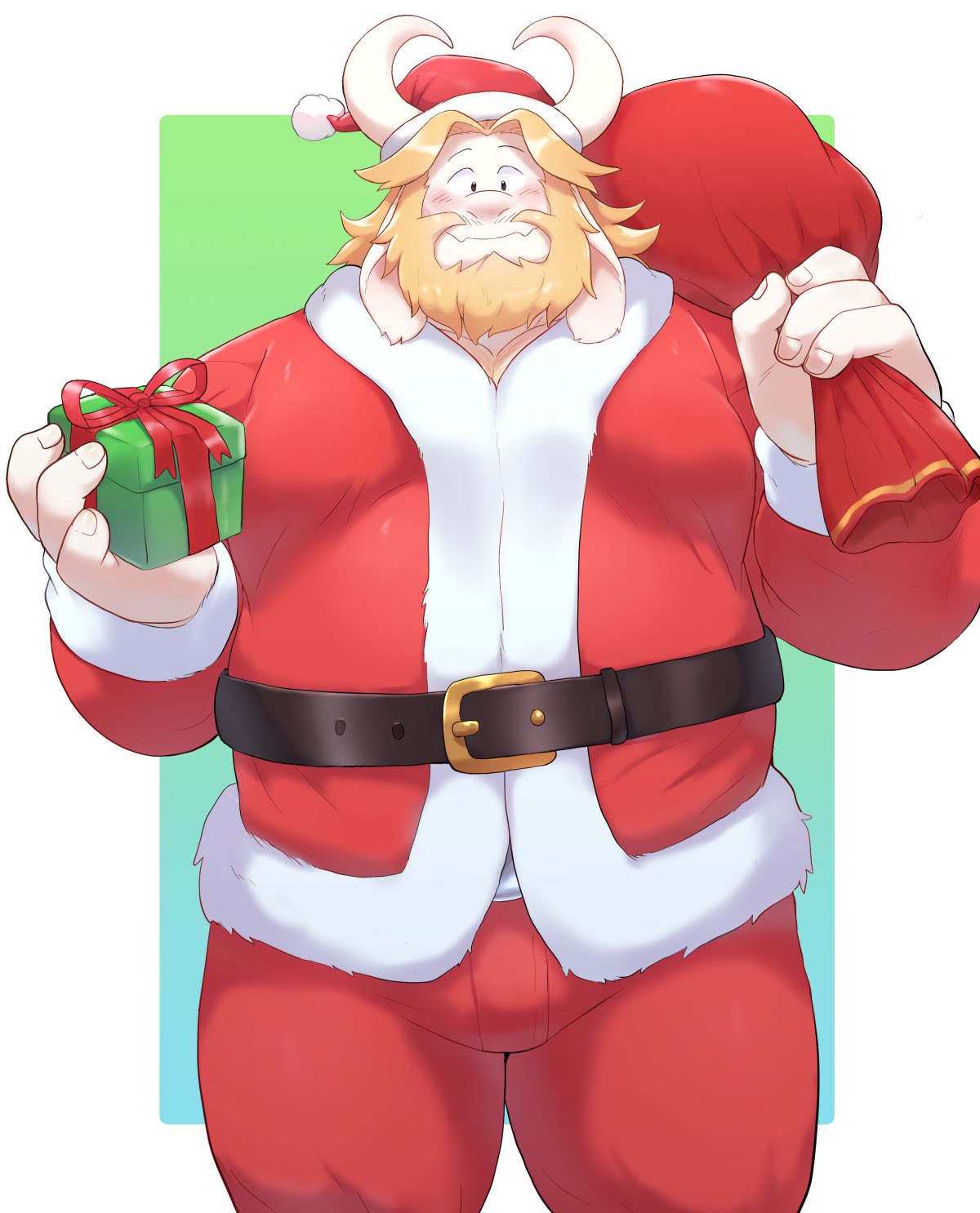 1boy 2022 2d anthro anthro_only asgore_dreemurr bara belly big_belly blush boss_monster bovid bovine bulge caprine christmas christmas_clothing christmas_headwear clothed clothing dilf facial_hair fully_clothed furry furry_only gift goat happy hat headgear headwear high_res holidays looking_at_viewer looking_down male male_anthro male_only mammal monster moobs navel nipples o-ro overweight overweight_male santa_costume santa_hat sfw solo solo_anthro solo_focus solo_male standing undertale undertale_(series)