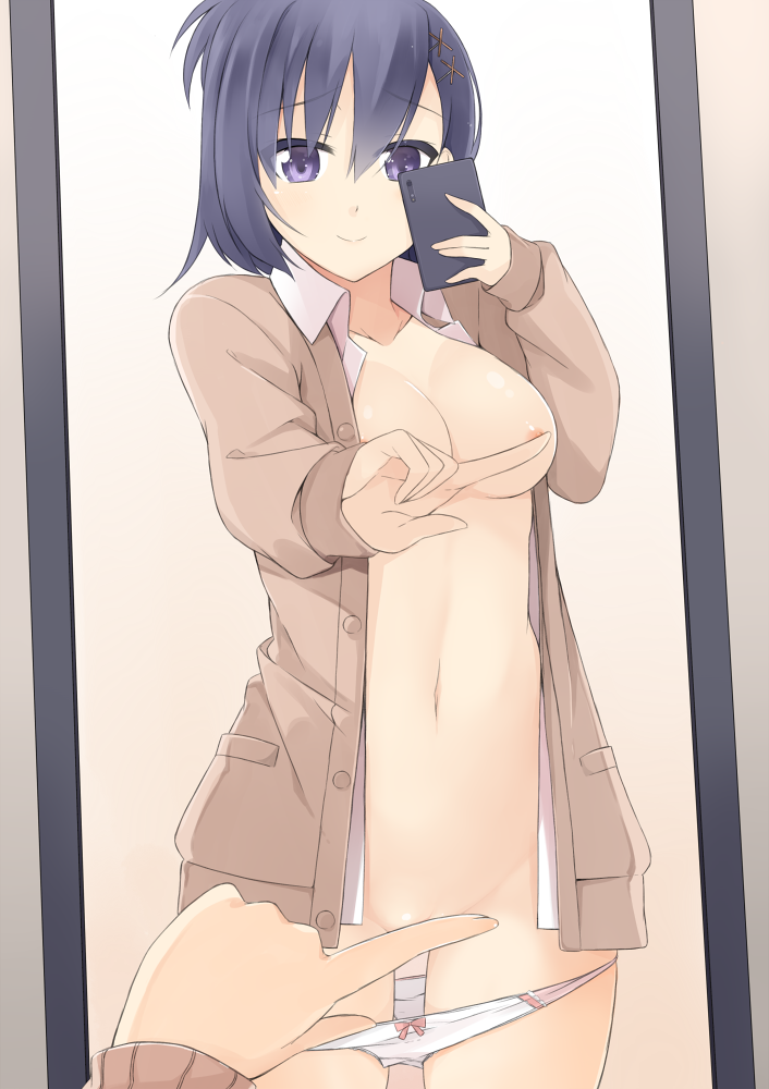 1girl 1girl areola_slip black_hair bow bow_panties breasts cardigan cellphone closed_mouth commentary_request cowboy_shot dress_shirt gabriel_dropout groin hair_ornament hairclip holding holding_phone index_finger_raised long_sleeves medium_breasts meme mirror navel nipple_slip nipples one_finger_selfie_challenge_(meme) open_cardigan open_clothes open_shirt panties panty_pull phone purple_eyes reflection sasakura selfpic shirt smartphone smile underwear vignette_tsukinose_april white_panties x_hair_ornament
