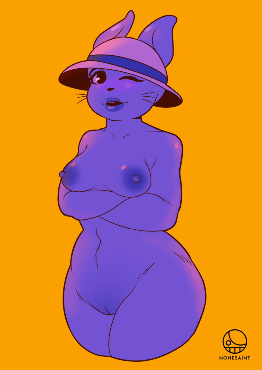 1girl 2019 anthro anthro_only arms_crossed arms_under_breasts artist_logo breasts bunny crossed_arms female_anthro female_only hat hat_only lagomorph mature mature_female milf monster monster_girl naked_female nipples nonsaintnsfw nude nude_female one_eye_closed orange_background purple_fur rabbit rabbit_shopkeeper rabbit_shopkeeper_(undertale) simple_background snowdin_shopkeeper solid_color_background solo solo_female undertale undertale_(series) wide_hips wink