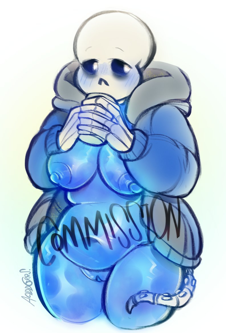 1girl acidd_grrs animated_skeleton blue_body blush bone_tail bottomless bottomless_female breasts chubby chubby_female commission_art drinking ectobody exposed female female_only genderswap genderswap_(mtf) hoodie hoodie_only jacket_open looking_away monster nipples pussy rule63 rule_63 sans sans_(undertale) skeleton solo solo_female tail undead undertale undertale_(series) watermark white_background