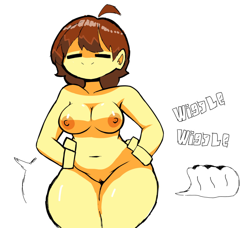1girl big_breasts big_thighs breasts brown_hair dark_nipples edit eks-out female_focus female_frisk female_frisk_(undertale) female_human female_only frisk frisk_(undertale) frisk_female frisk_female_(undertale) huge_breasts huge_thighs human moldsmal naked_female nipples nude nude_edit nude_female protagonist_(undertale) pussy slime solo_female solo_focus thick_thighs undertale undertale_(series) white_background wiggle yellow_body yellow_skin