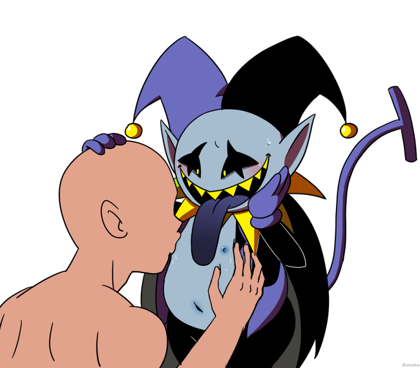 anon anonymous_male areola bald blush cape clothed clothing deltarune faceless_character faceless_male hand_on_body hand_on_head hat headgear heart humanoid imp jester jevil_(deltarune) kuruko_(artist) looking_down looking_pleasured male mostly_nude navel nipple_suck nipple_sucking nipples nude open_mouth pants pointy_ears sharp_teeth shirt slightly_chubby smile standing sweat teeth tongue tongue_out undertale_(series) video_games white_background yaoi yellow_eyes