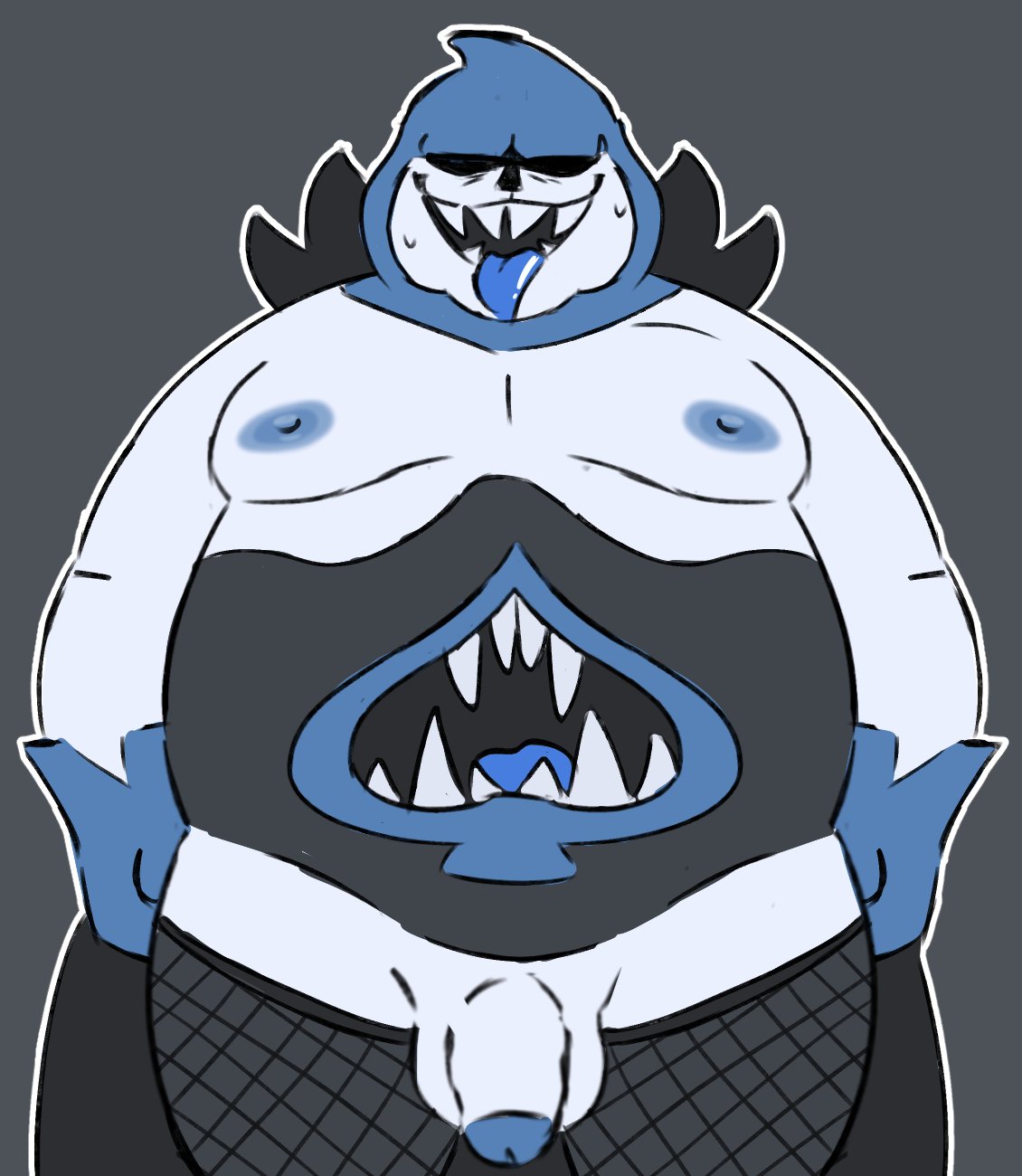 &spades; 1boy anthro balls belly big_belly blue_nipples blue_tongue bodily_fluids bottomwear clothed clothing darkner deltarune fishnet_legwear fishnet_stockings fishnet_thighhighs flaccid genitals grey_background high_res hood humanoid king_spade male male/male male_only mature_anthro mature_male monster moobs nipples overweight overweight_male partially_clothed penis simple_background slightly_chubby smut_leo solid_color_background solo solo_male sweat tongue_out undertale_(series) video_games white_body