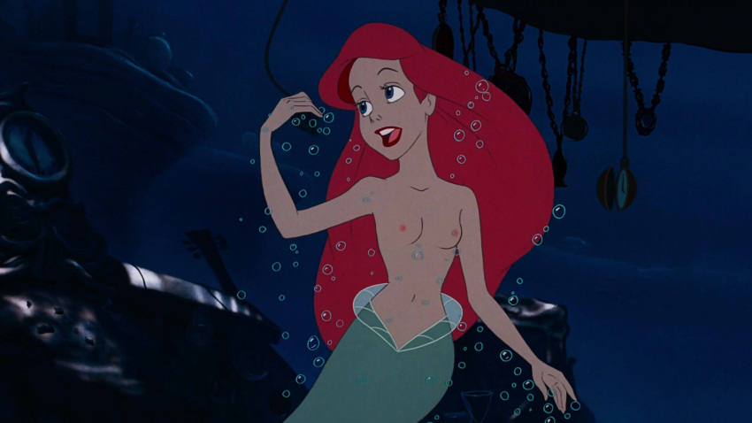 1girl arielfan14 blue_eyes breasts disney edit long_hair mermaid midriff navel nipples ocean princess_ariel red_hair screencap screenshot screenshot_edit sea small_breasts the_little_mermaid topless underwater water